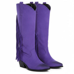 Tuhoomall Western Style Mid-Calf Boots with Tassels, Casual Fashion Footwear, Chunky Heel, Faux Suede, Zipper Closure, All-Season Design