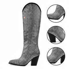 Tuhoomall Shiny Rhinestone Knee-High Boots for Parties and Performances, Stylish Pointed Toe Design, 9cm Chunky Heel, All-Season Wear