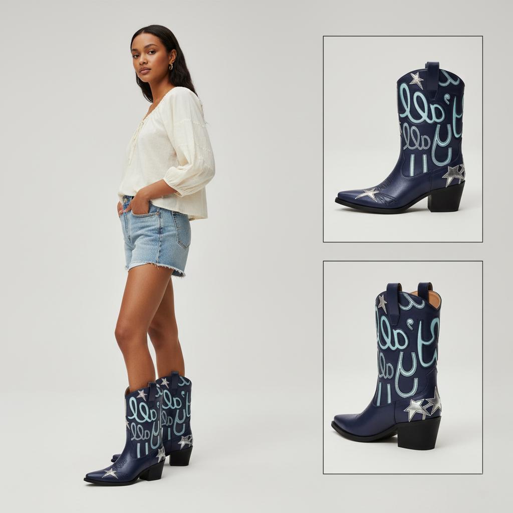 Tuhoomall Comfortable Western Boots for Fashion Parties and Daily Wear with Star and Letter Embroidery, Chunky Heel, Slip-On Design Tuhoomall