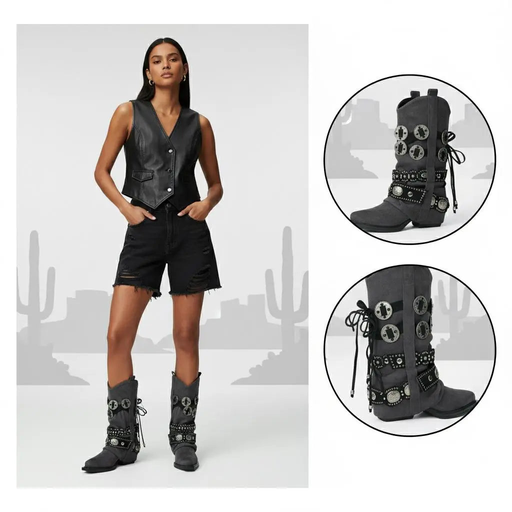 Tuhoomall Western Cowboy Boots for Women, Mid-Calf Pointed Toe, Chunky Heel Slip-On, Stylish Faux Suede with Hardware Accents, Ideal for All Seasons Tuhoomall