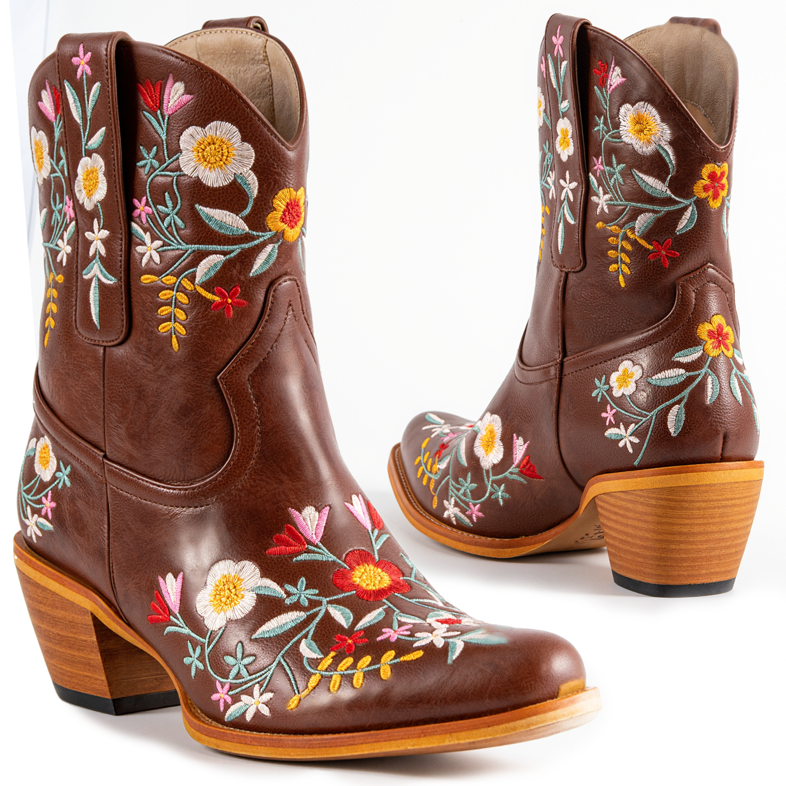Tuhoomall Stylish Western Ankle Boots with Floral Embroidery, Rubber Sole, Chunky 5cm Heel for Classic and Casual Looks