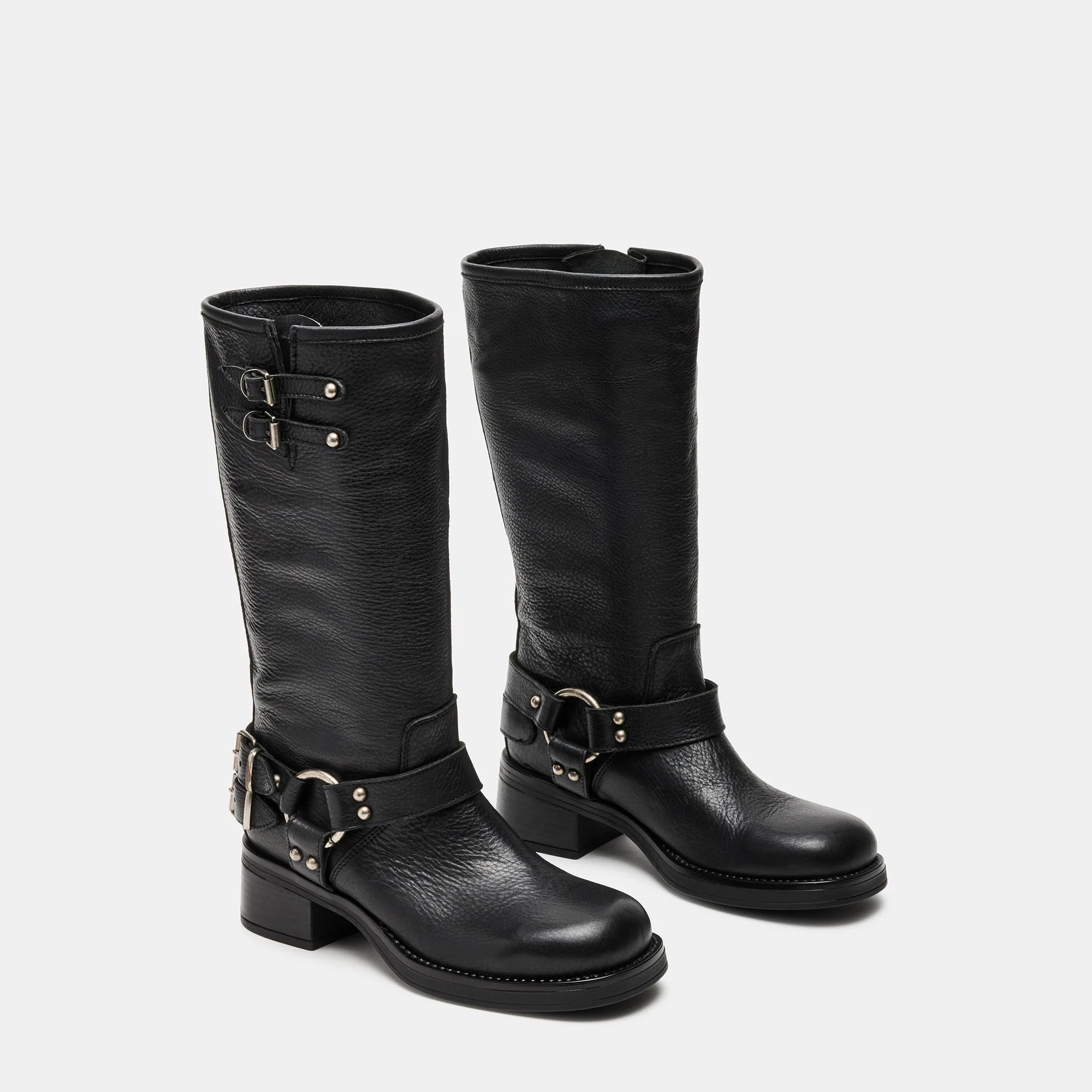 Tuhoomall Comfortable Chunky Heeled Calf-High Boots with Adjustable Buckles for Parties and Performances, Stylish Solid Color Design