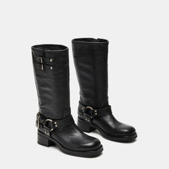 Tuhoomall Comfortable Chunky Heeled Calf-High Boots with Adjustable Buckles for Parties and Performances, Stylish Solid Color Design