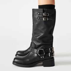 Tuhoomall Comfortable Chunky Heeled Calf-High Boots with Adjustable Buckles for Parties and Performances, Stylish Solid Color Design