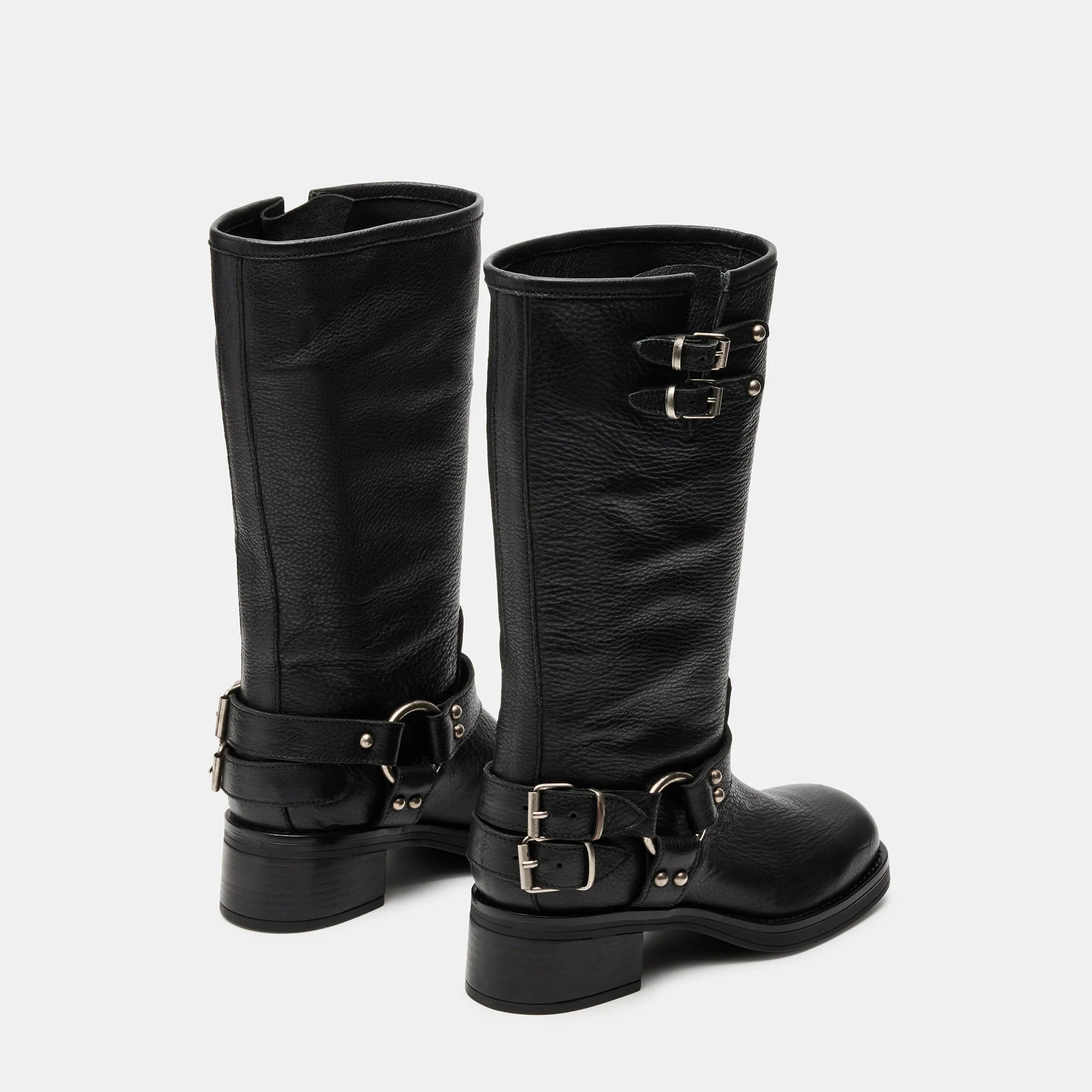 Tuhoomall Comfortable Chunky Heeled Calf-High Boots with Adjustable Buckles for Parties and Performances, Stylish Solid Color Design