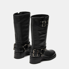 Tuhoomall Comfortable Chunky Heeled Calf-High Boots with Adjustable Buckles for Parties and Performances, Stylish Solid Color Design