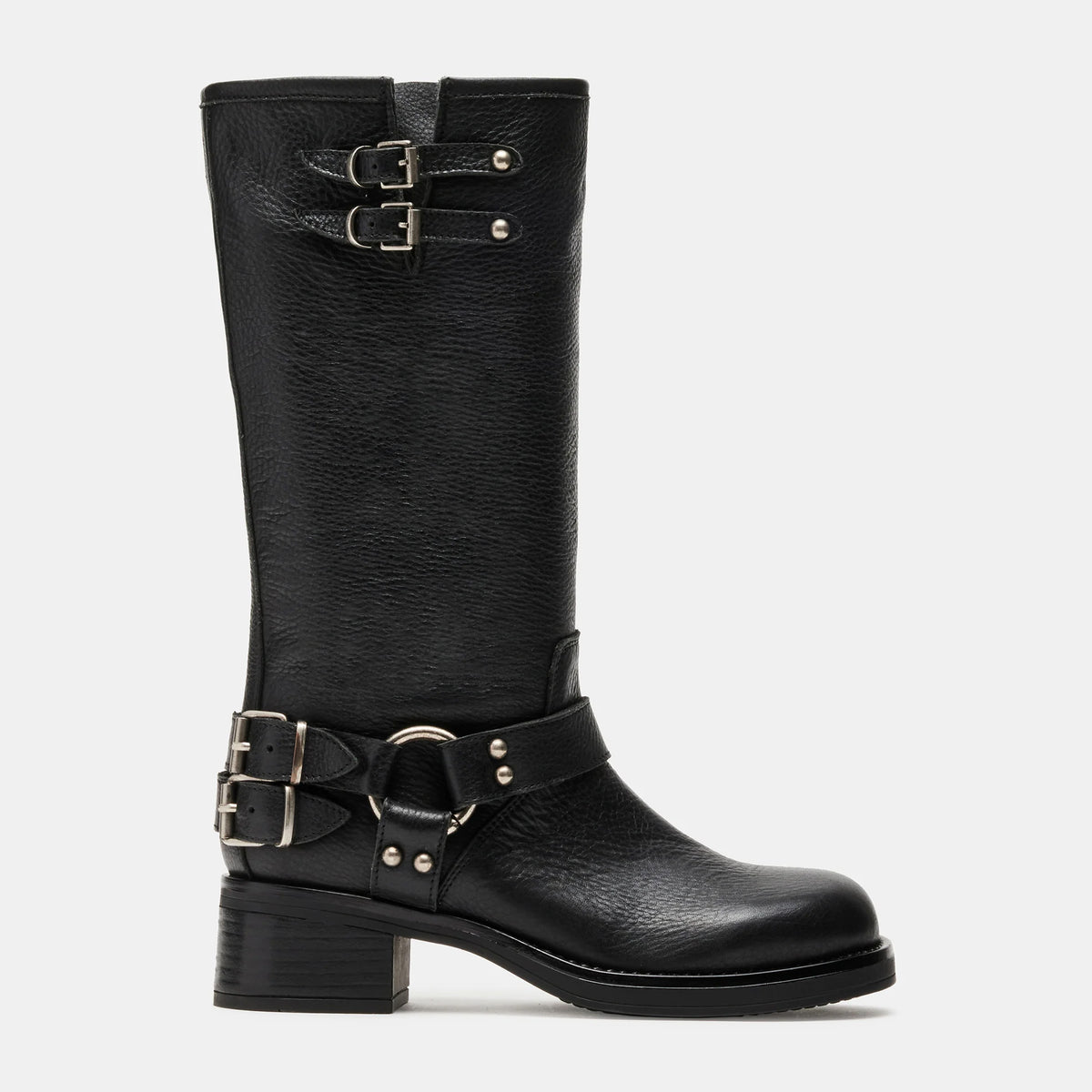 Tuhoomall Comfortable Chunky Heeled Calf-High Boots with Adjustable Buckles for Parties and Performances, Stylish Solid Color Design