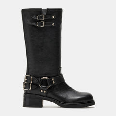 Tuhoomall Comfortable Chunky Heeled Calf-High Boots with Adjustable Buckles for Parties and Performances, Stylish Solid Color Design