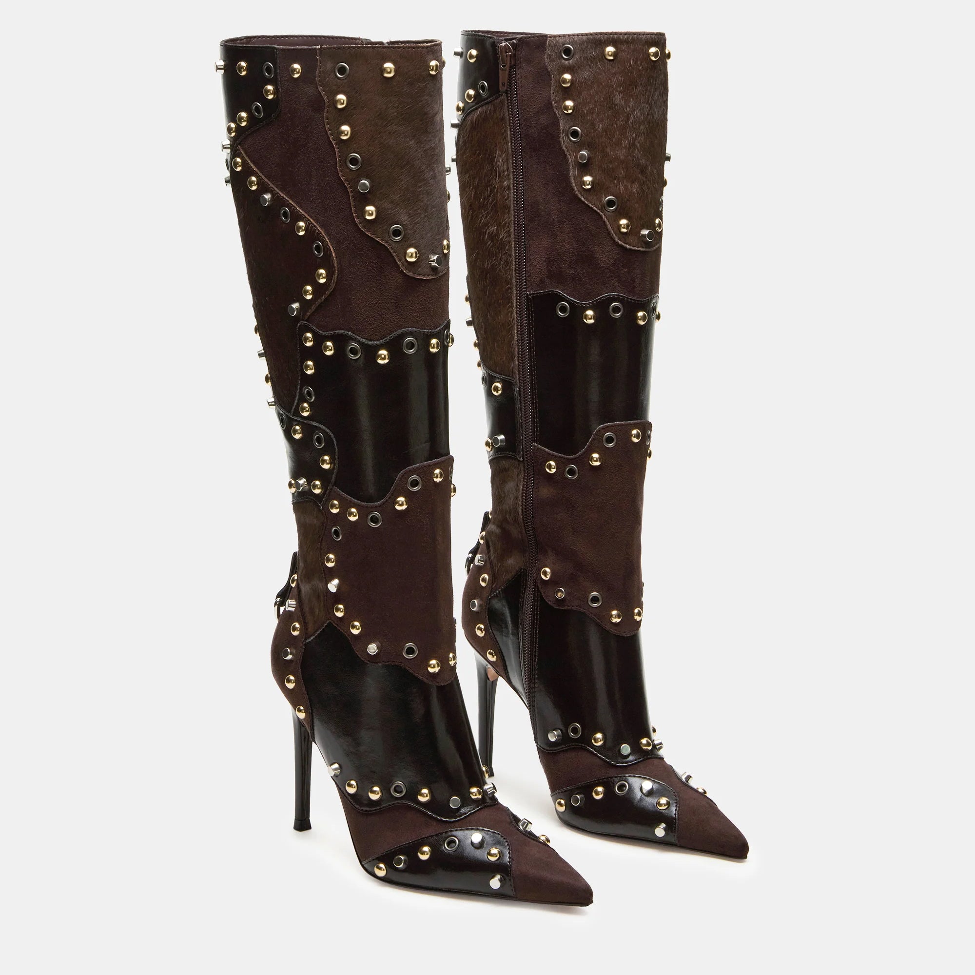 Tuhoomall Stylish Knee-High Party Boots for Women, Comfortable Pointed Toe, Chunky Heel, Zipper Closure, Studded & Metallic Accent Design