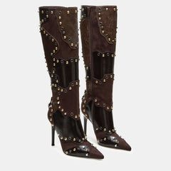 Tuhoomall Stylish Knee-High Party Boots for Women, Comfortable Pointed Toe, Chunky Heel, Zipper Closure, Studded & Metallic Accent Design