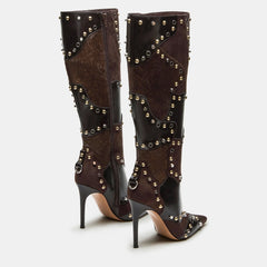 Tuhoomall Stylish Knee-High Party Boots for Women, Comfortable Pointed Toe, Chunky Heel, Zipper Closure, Studded & Metallic Accent Design