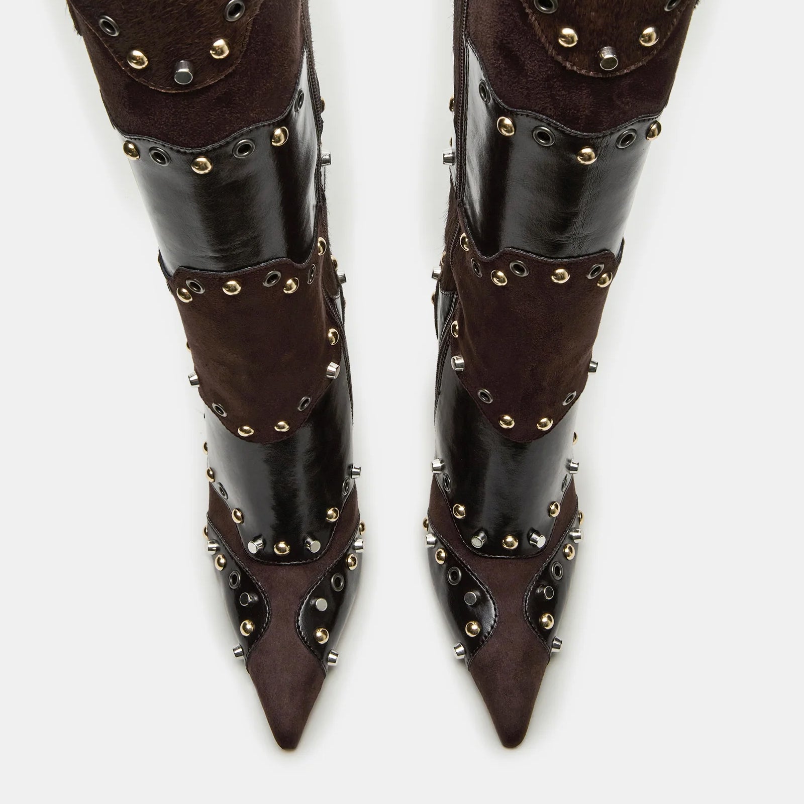 Tuhoomall Stylish Knee-High Party Boots for Women, Comfortable Pointed Toe, Chunky Heel, Zipper Closure, Studded & Metallic Accent Design