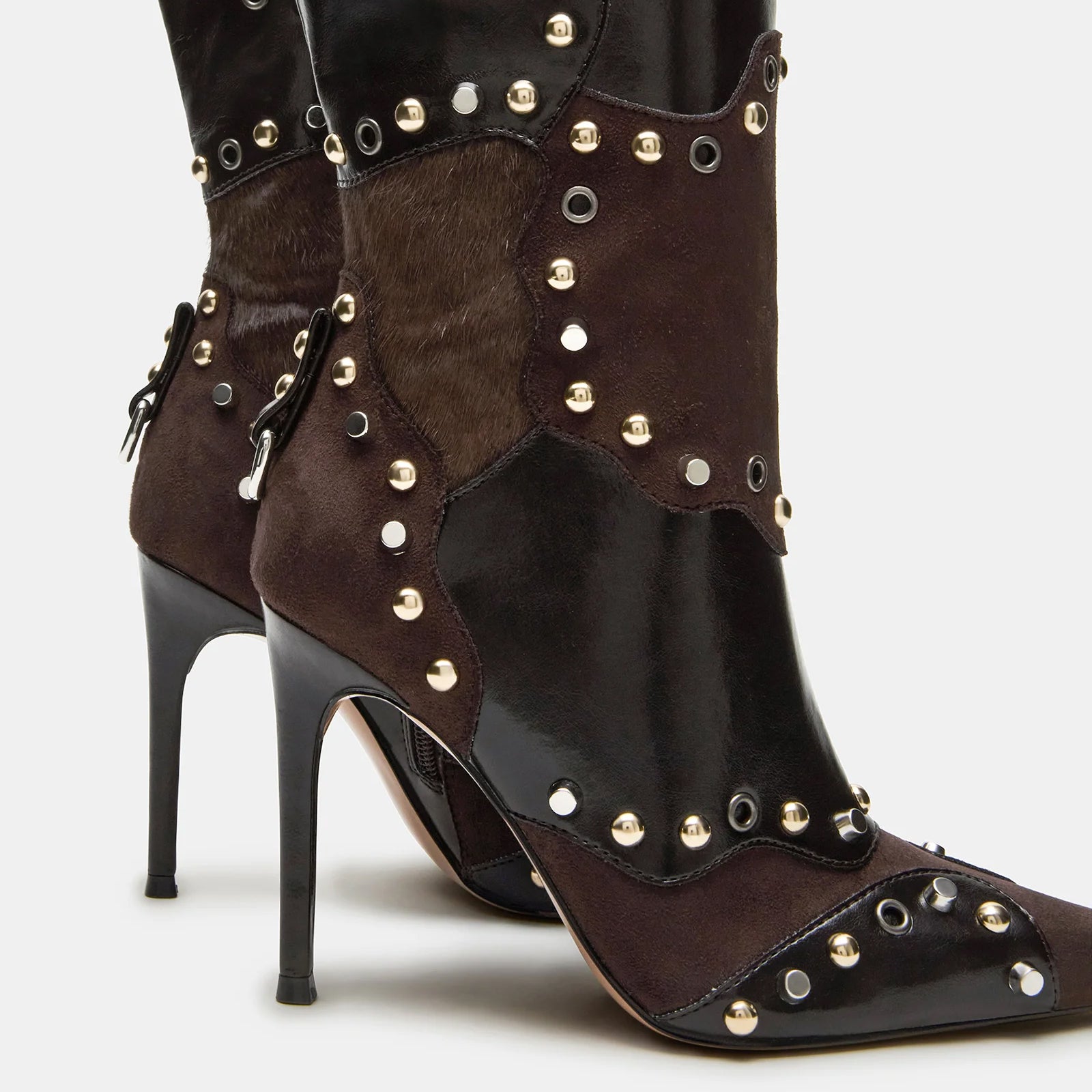 Tuhoomall Stylish Knee-High Party Boots for Women, Comfortable Pointed Toe, Chunky Heel, Zipper Closure, Studded & Metallic Accent Design