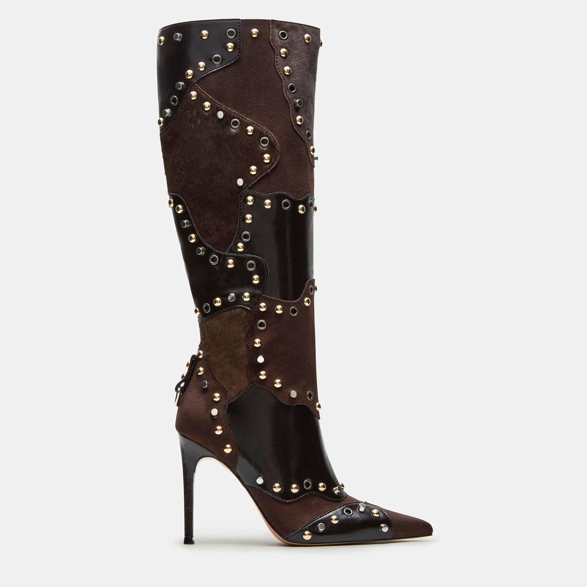 Tuhoomall Stylish Knee-High Party Boots for Women, Comfortable Pointed Toe, Chunky Heel, Zipper Closure, Studded & Metallic Accent Design
