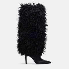 Tuhoomall Knee High Chunky Heeled Boots, Animal Cruelty Free, Elegant Party and Runway Style, Solid Faux Fur Design
