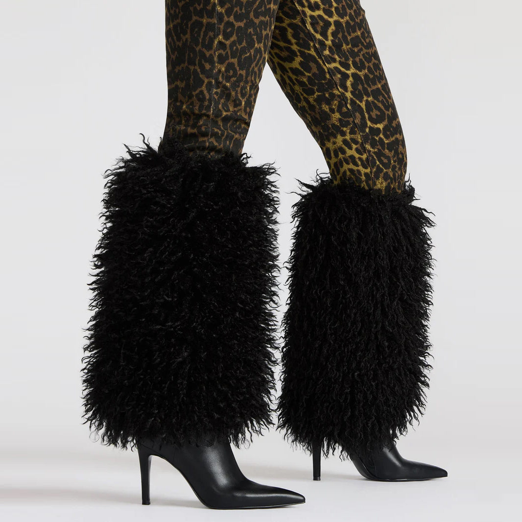 Tuhoomall Knee High Chunky Heeled Boots, Animal Cruelty Free, Elegant Party and Runway Style, Solid Faux Fur Design