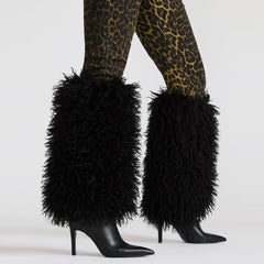 Tuhoomall Knee High Chunky Heeled Boots, Animal Cruelty Free, Elegant Party and Runway Style, Solid Faux Fur Design