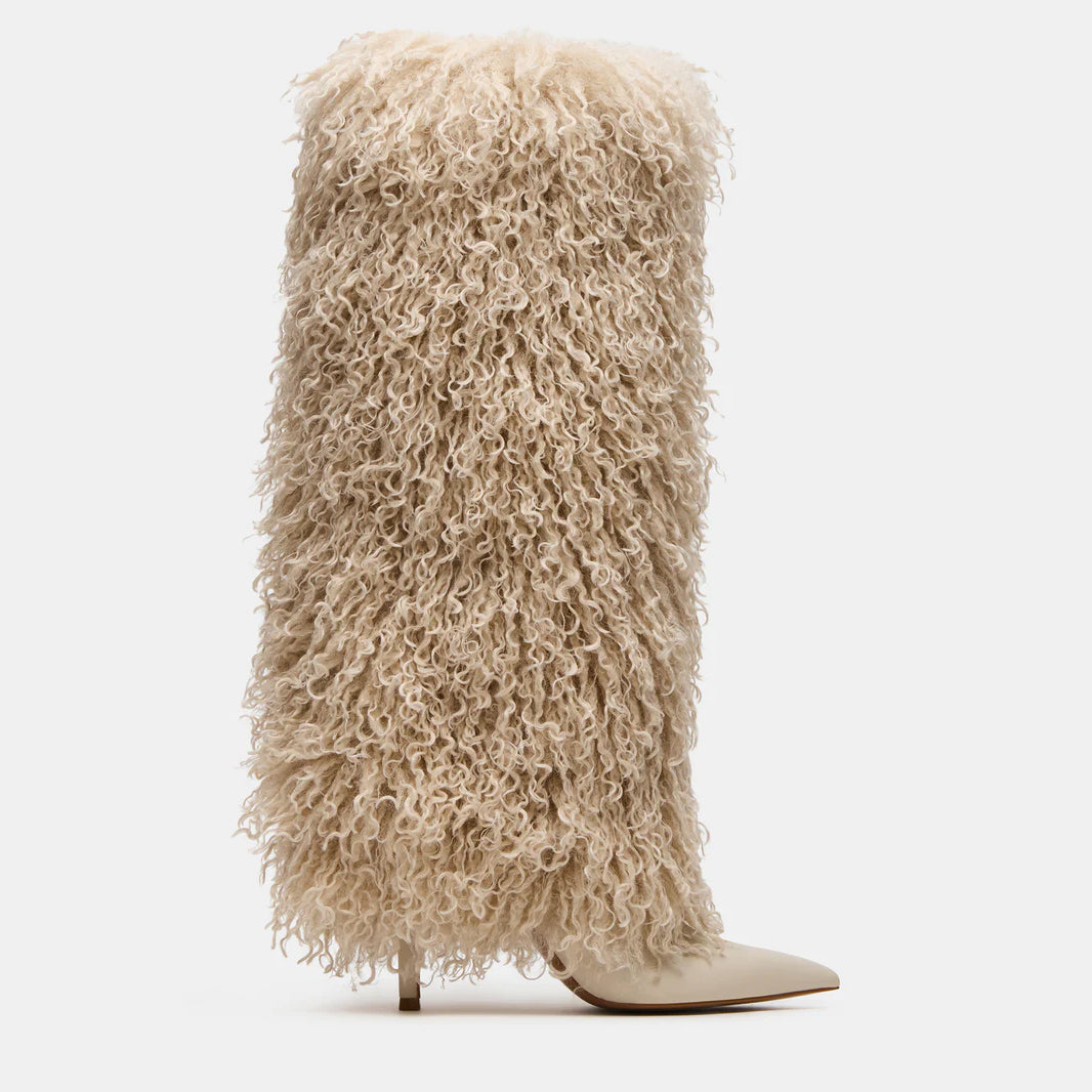 Tuhoomall Knee High Chunky Heeled Boots, Animal Cruelty Free, Elegant Party and Runway Style, Solid Faux Fur Design