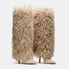 Tuhoomall Knee High Chunky Heeled Boots, Animal Cruelty Free, Elegant Party and Runway Style, Solid Faux Fur Design
