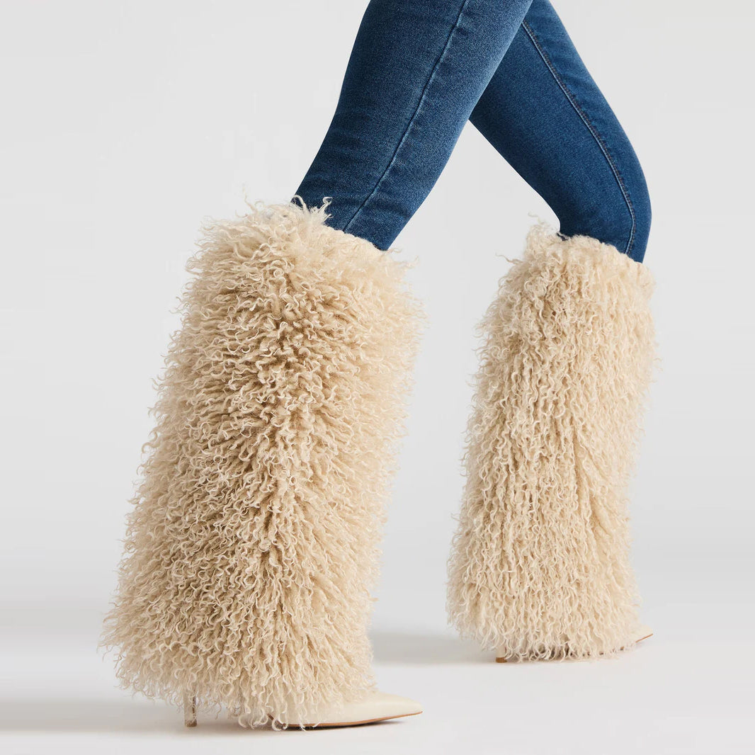 Tuhoomall Knee High Chunky Heeled Boots, Animal Cruelty Free, Elegant Party and Runway Style, Solid Faux Fur Design