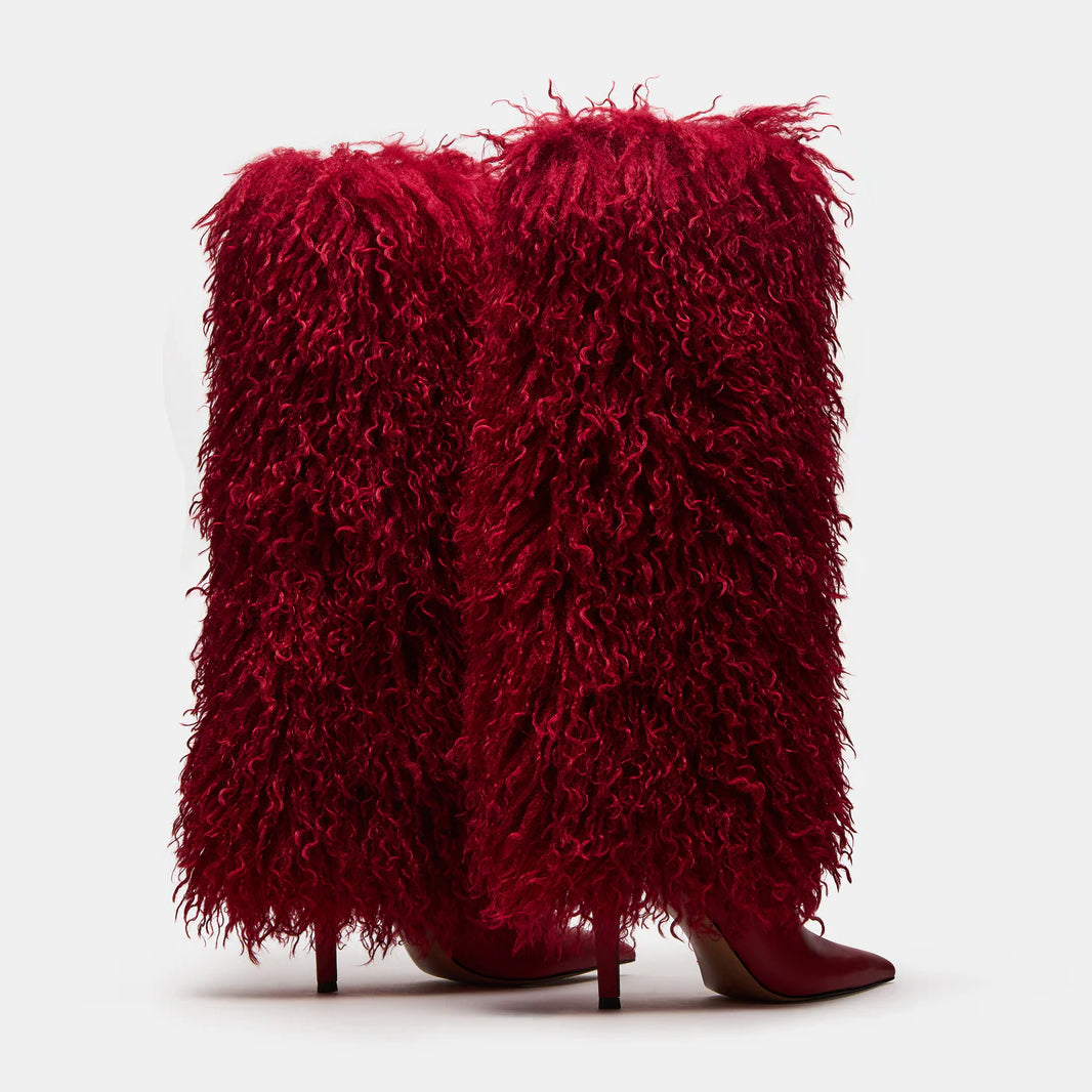Tuhoomall Knee High Chunky Heeled Boots, Animal Cruelty Free, Elegant Party and Runway Style, Solid Faux Fur Design