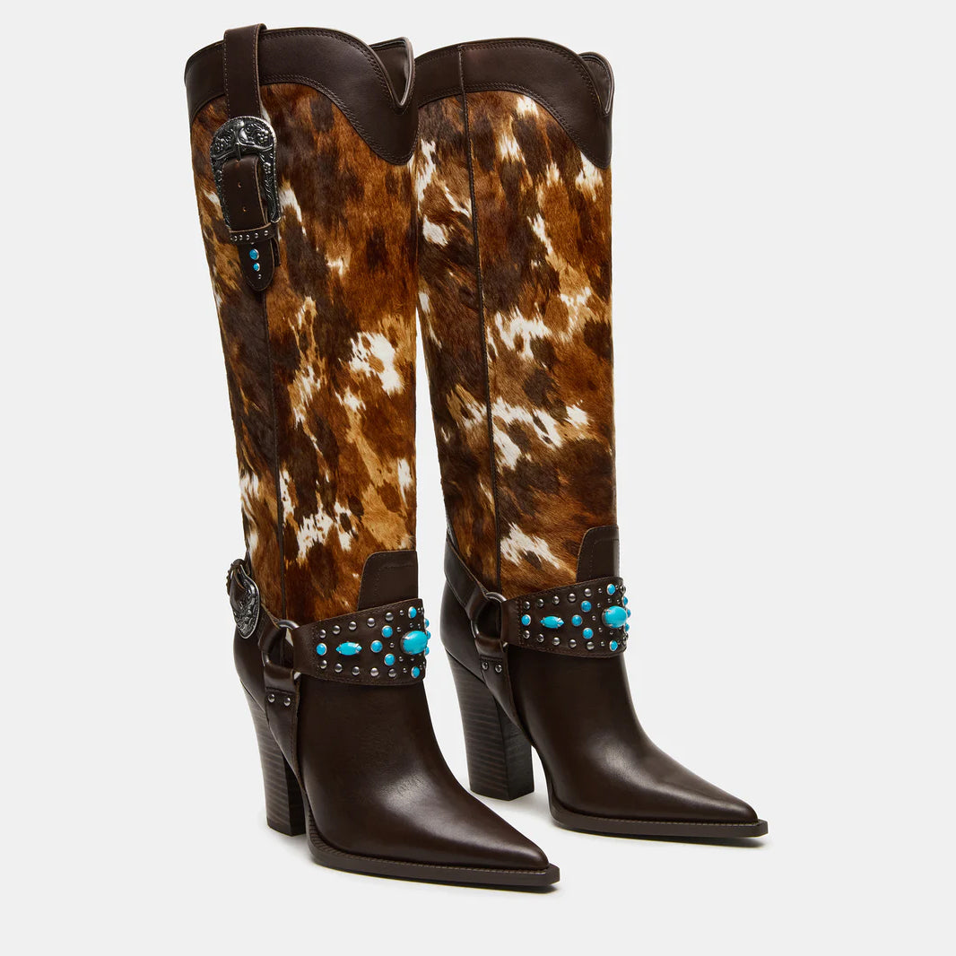 Tuhoomall Western Cowboy Knee High Boots for Women with Studs and Metal Buckle, Chunky Heel for Casual, Theme Parties and Performances