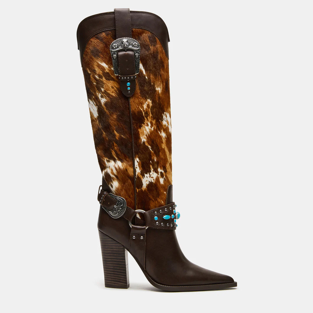 Tuhoomall Western Cowboy Knee High Boots for Women with Studs and Metal Buckle, Chunky Heel for Casual, Theme Parties and Performances