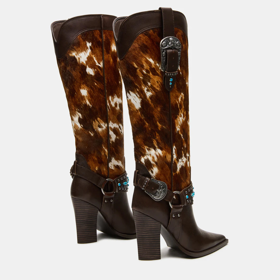 Tuhoomall Western Cowboy Knee High Boots for Women with Studs and Metal Buckle, Chunky Heel for Casual, Theme Parties and Performances