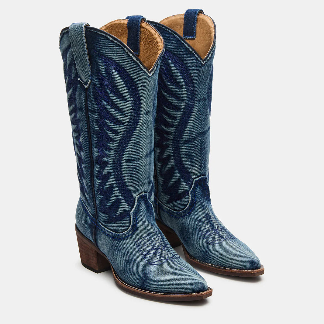 Tuhoomall Western Vintage Embroidered Cowboy Boots for Women, Chunky Heels, Classic Retro Style, Easy Slip-On, Ideal for Casual Spring and Autumn Wear