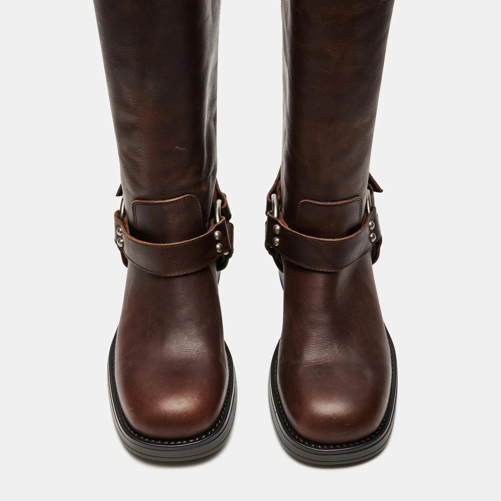 Tuhoomall Comfortable Chunky Heeled Calf-High Boots with Adjustable Buckles for Parties and Performances, Stylish Solid Color Design