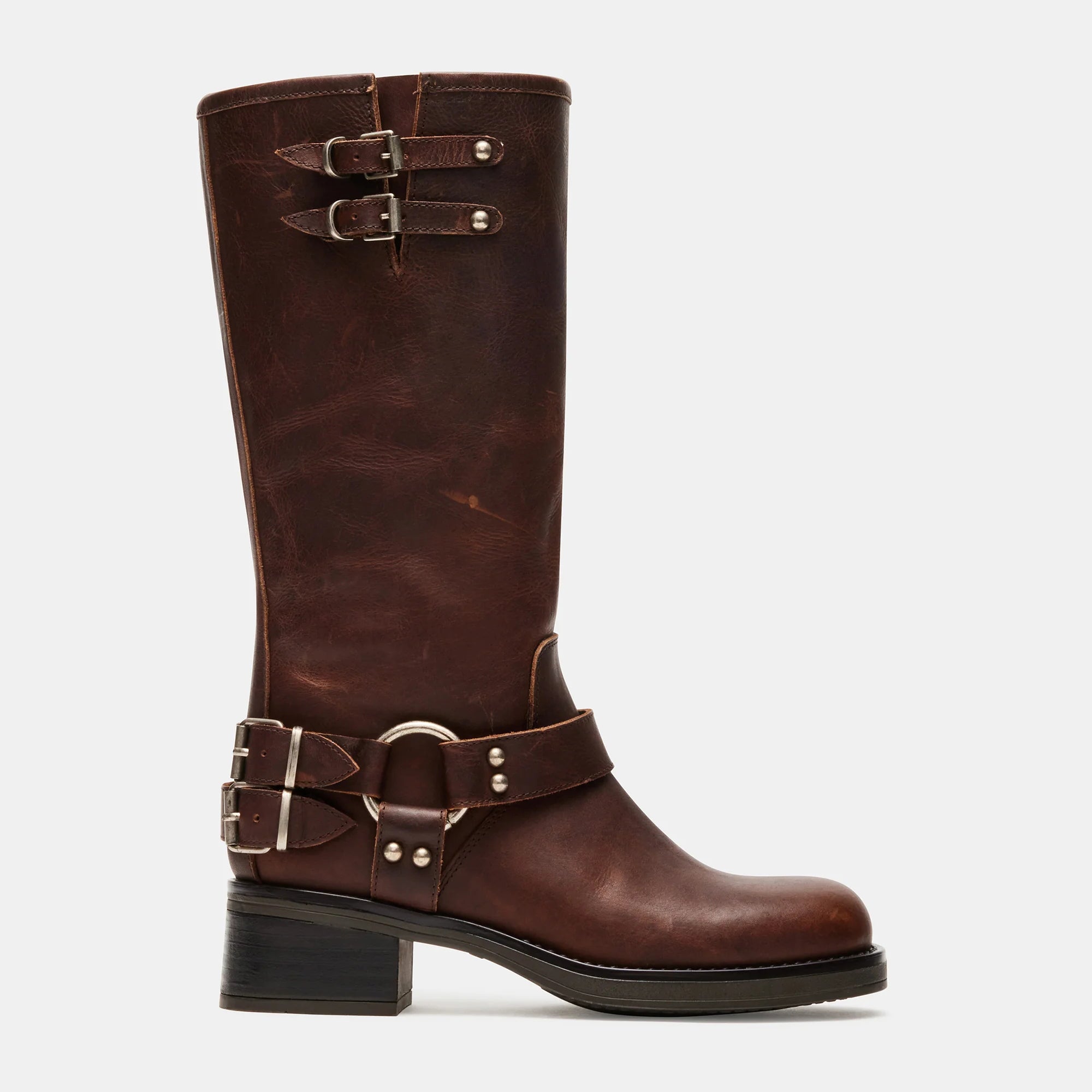 Tuhoomall Comfortable Chunky Heeled Calf-High Boots with Adjustable Buckles for Parties and Performances, Stylish Solid Color Design