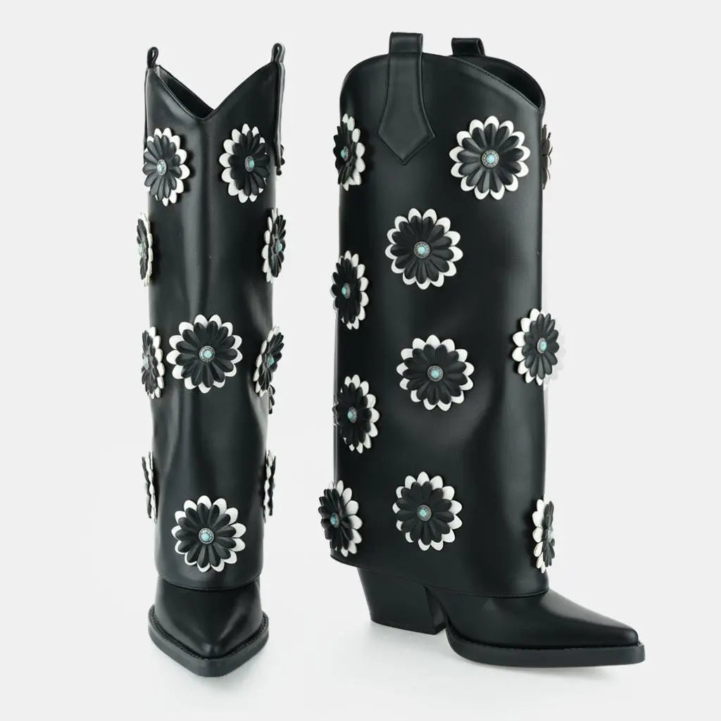 Tuhoomall Western Cowboy Knee High Boots for Women - Floral Pattern, Foldable Design, Chunky Heel, Perfect for Fashion, Outdoor and Casual Wear Tuhoomall