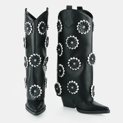 Tuhoomall Western Cowboy Knee High Boots for Women - Floral Pattern, Foldable Design, Chunky Heel, Perfect for Fashion, Outdoor and Casual Wear Tuhoomall