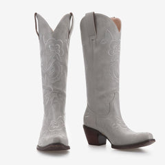 Tuhoomall Western Cowboy Mid-Calf Boots for Women, Floral Embroidery, Stylish Low Chunky Heels, Perfect for Weddings and Casual Outings