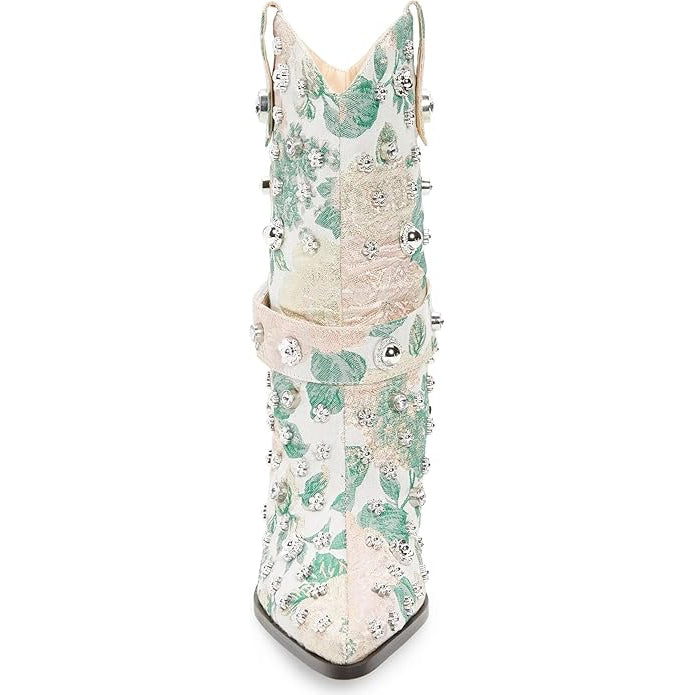 Tuhoomall Western Floral Embroidered Rhinestone Mid Calf Boots for Women, Chunky Heel, Water-Resistant Satin, Stylish for Spring Autumn Winter