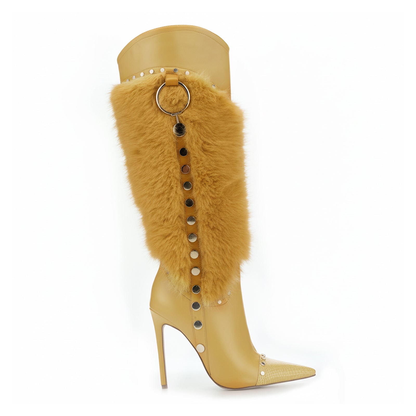 Tuhoomall Heel Fashion Boots for Women, Elegant Pointed Toe High Heels with Studs and Faux Fur, Ideal for Parties and Performances