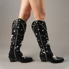 Tuhoomall Black Western Cowgirl Boots With Star Inlay, Chunky Heeled Mid Calf Design, Versatile Style For Weddings And Outdoor Events
