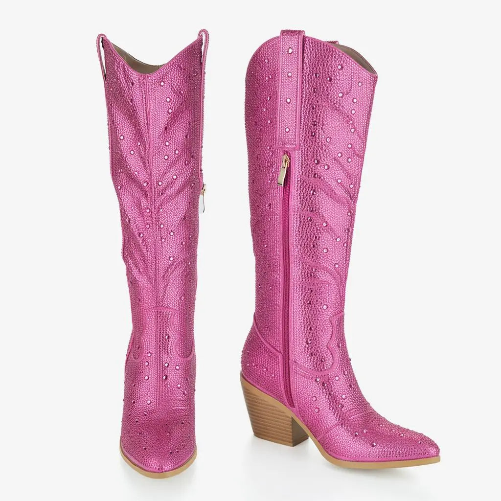 Tuhoomall Rhinestone Western Mid Calf Boots For Women - Chunky Heel & Easy Zip Closure, Stylish For Travel And Weddings Tuhoomall