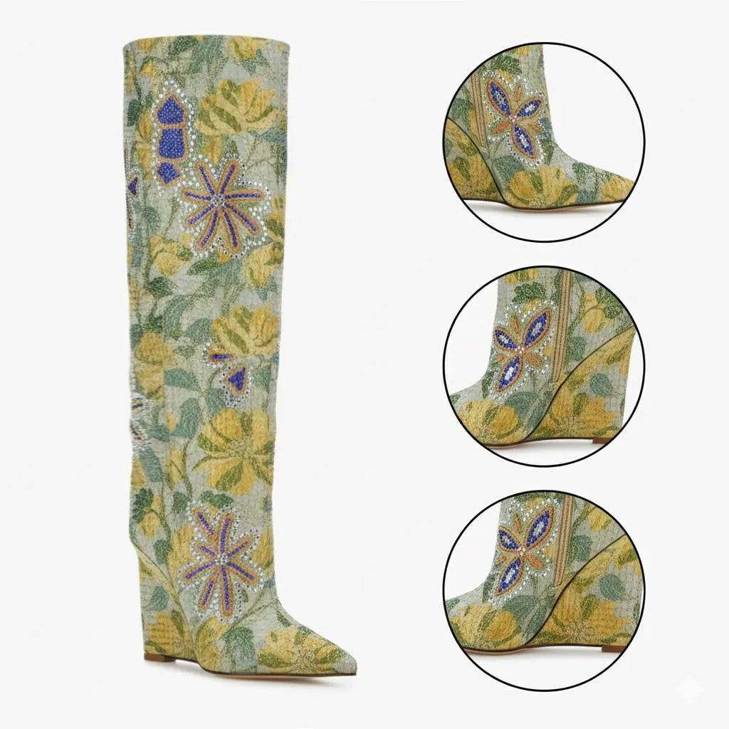 Tuhoomall Over-The-Knee Western Style Boots For Women, Comfortable Floral Design, Perfect For Parties And Casual Outfits Tuhoomall