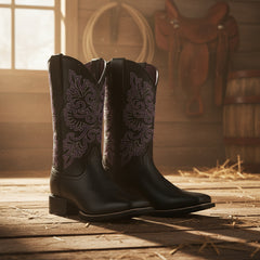 Tuhoomall Western Cowboy Boots for Women, Comfortable Mid-Calf Booties with Floral Embroidery, Perfect for Travel and Casual Wear, Chunky Heel Design