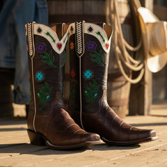 Tuhoomall Western Cowboy Boots for Women - Floral Embroidery, Comfortable Slip-On, Versatile Casual and Party Wear