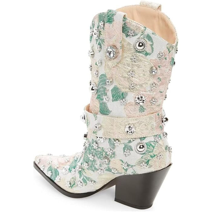 Tuhoomall Western Floral Embroidered Rhinestone Mid Calf Boots for Women, Chunky Heel, Water-Resistant Satin, Stylish for Spring Autumn Winter