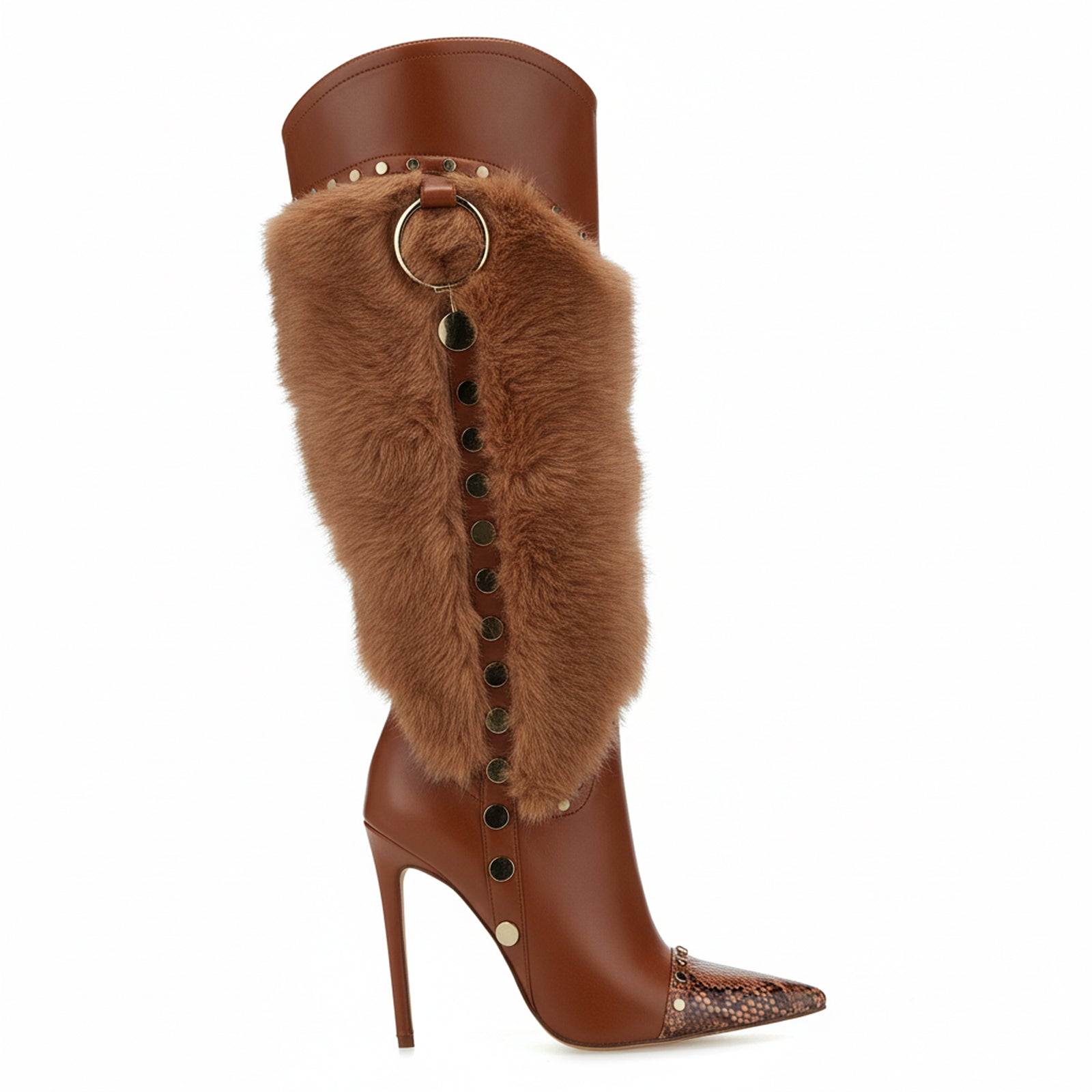 Tuhoomall Heel Fashion Boots for Women, Elegant Pointed Toe High Heels with Studs and Faux Fur, Ideal for Parties and Performances