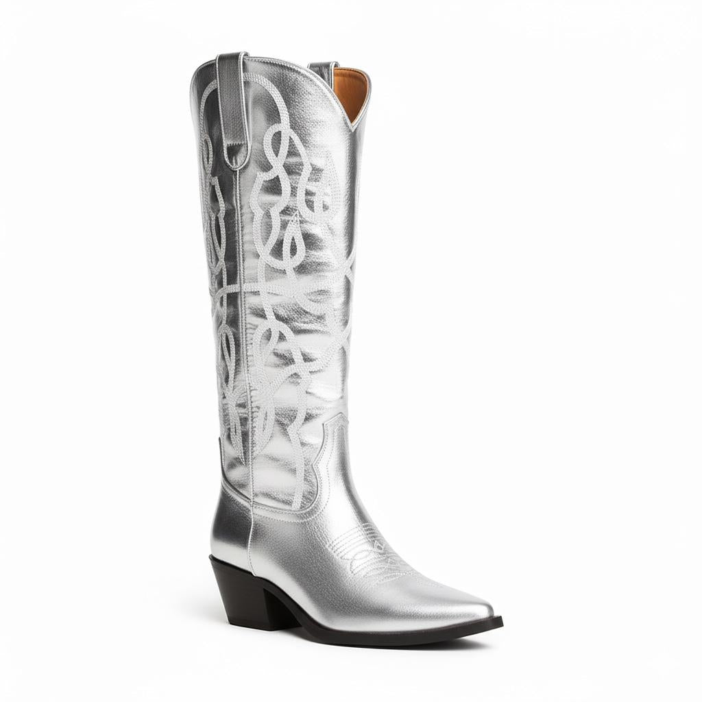 Tuhoomall Silver Metallic Knee High Western Boots for Women with Block Heel, Stylish Embroidered Full-Grain Leather, Easy Pull-On, Perfect for Casual Fashion