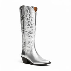 Tuhoomall Silver Metallic Knee High Western Boots for Women with Block Heel, Stylish Embroidered Full-Grain Leather, Easy Pull-On, Perfect for Casual Fashion