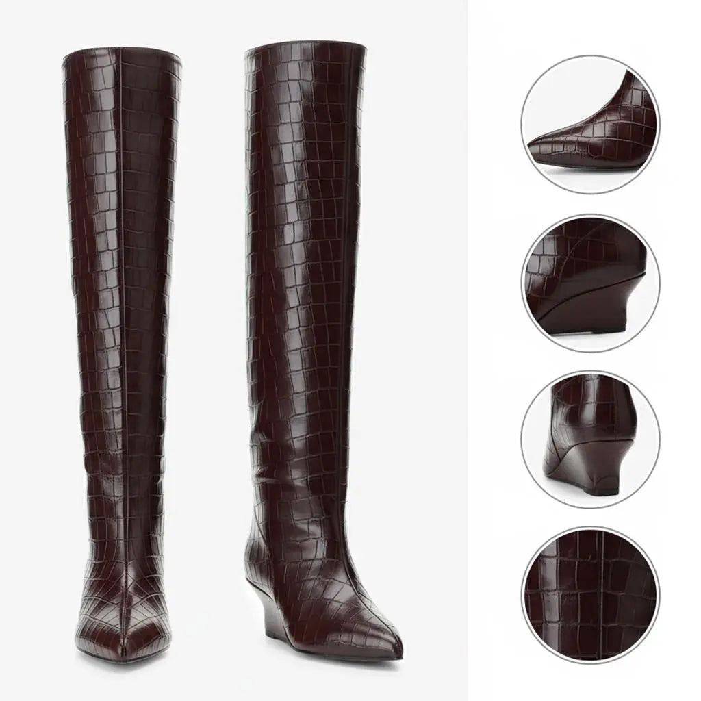 Tuhoomall Wedges Boots Over-the-Knee Boots For Parties and Performances, Comfortable Wedge Heel, Crocodile Pattern PU, Fashionable Retro Design Tuhoomall