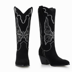 Tuhoomall Western Cowgirl Boots, Comfortable Mid Calf, Chunky Heel, Pointed Toe, Stylish Animal Pattern with Rhinestones for Casual and Party Wear