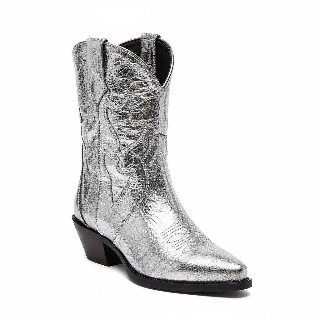 Tuhoomall Western Ankle Booties with Snip-Toe and Chunky Heel for Fashion Casual Parties, Embroidery Design with Metallic Inlay, Slip-On Style