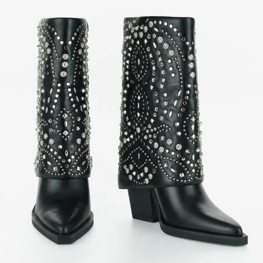 Tuhoomall Ankle Boots for Women, Stylish and Comfortable, Perfect for Parties and Casual Outings, Studded Design with Metal Buckle, 10cm Chunky Heel Tuhoomall