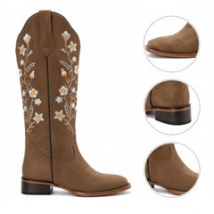 Tuhoomall Comfortable Floral Embroidered Western Boots for Women, Chunky Low Heel, Faux Suede with Rubber Sole, Perfect for Casual and Office Wear